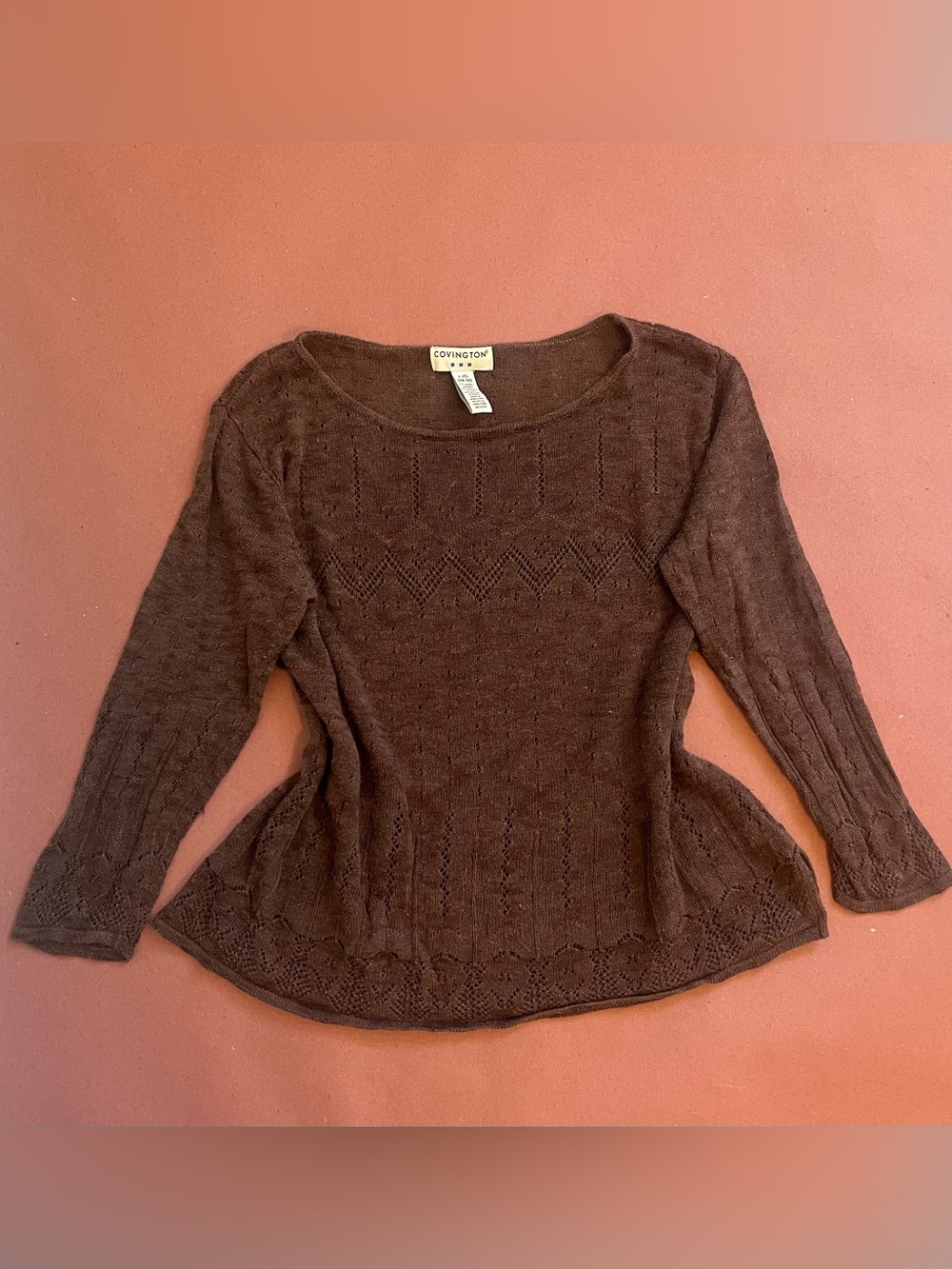 Covington Chocolate Brown Scoop Neck Openwork Knit Sweater